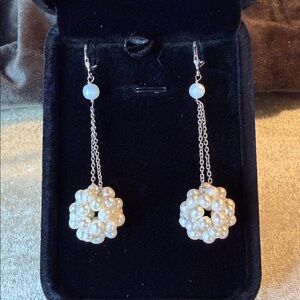 Gorgeous Bunched Pearl Drop Earrings in 925 Sterling Silver 2.5”